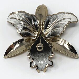Silver Tone Grey White Enamel Large Orchid Brooch